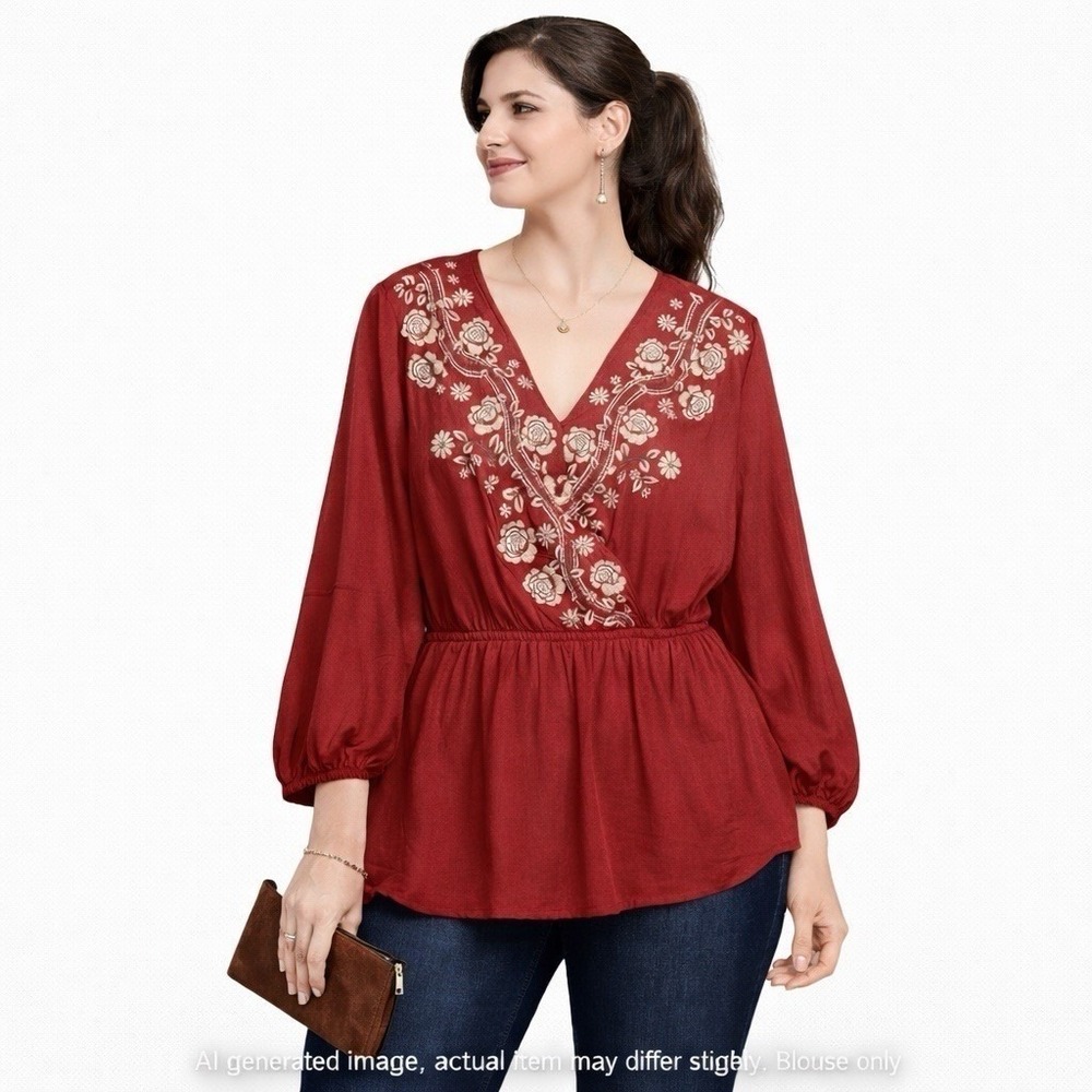 Savannaโ Jane 2X Embroidered Boho Romanticcore Festival Peplum Blouse Rust Red